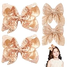 Hair Bows for Girls, Glitter Gold Sparkly Sequin Bows Hair Clips Toddler Bow Clips Hair Accessories, 4Pcs (Gold, 8inch*2, 4inch*2)