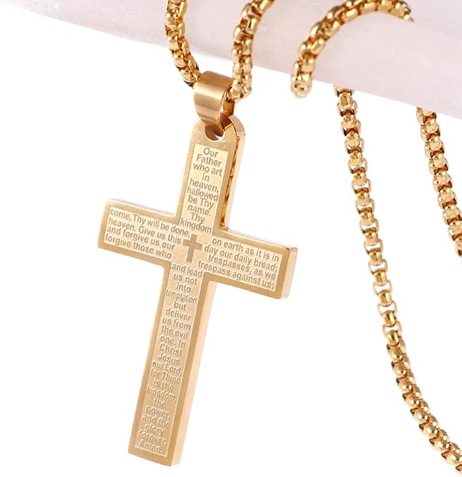 Stainless Steel Cross Necklace, Lord's Prayer Cross Pendant Necklace with 24" Hip Hop Chain, Stainless Steel Jewelry for Men Women, Religious Gift