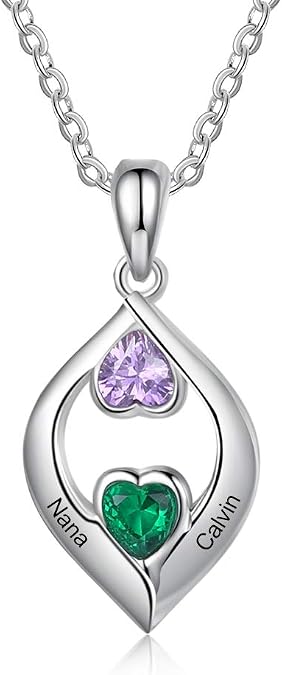 Love Jewelry Personalized Waterdrop Necklace with 2 Heart Simulated Birthstone Engraved Names Promise Pendant for Her Anniversary Birthday Gifts for Women
