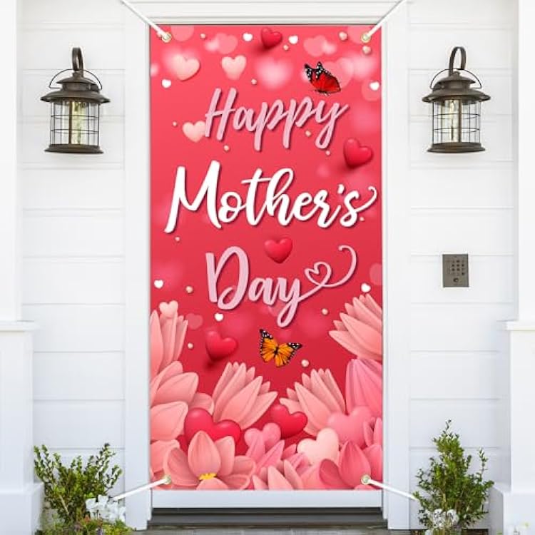 Happy Mothers Day Door Cover Pink Heart Flowers Mom Gifts for Indoor Decoration Photography Background Banner Yard Porch Sign for Spring Outside Front Door Banner Farmhouse Party Supplies 6 x 3 Feet
