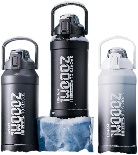 64OZ Insulated Vacuum Straw Water Bottle Thermal Flask Portable Handle Outdoor Sports Water Bottle Large Double Layer Stainless Steel Leak Proof BPA Free(Gradient White)