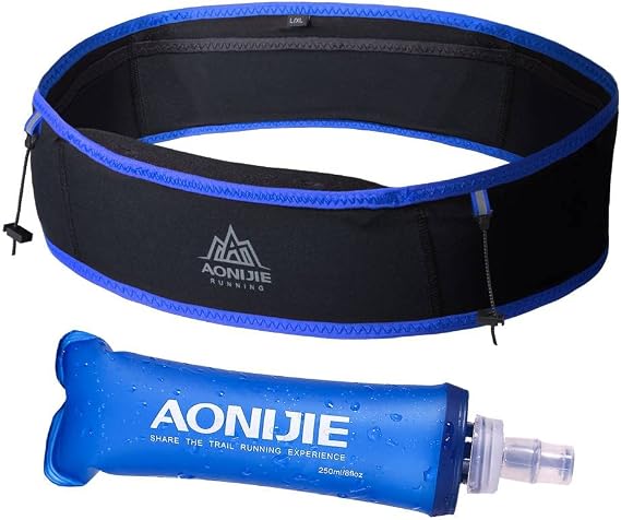 AONIJIE Running Belt Fanny Pack with 250ml Soft Water Bottle Flask for Women Men, Moisture Wicking Waist Pack Great for Marathon Climbing Jogging Cycling, for 6.8in Mobile Phone (Black Blue: L/XL)