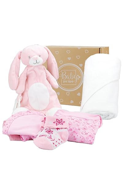 Baby Box Shop 6 Newborn Baby Essentials Ideal Baby Shower Gifts and Christening Gifts for Girls Includes Baby Blanket Pink Hooded Baby Towel Muslin Cloth Bodysuit Bib and Socks