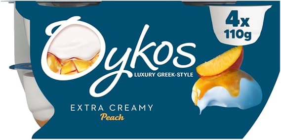 Luxury Greek Yogurt Pots 4x110g - Oykos Yoghurt Multipack Healthy Gluten Free Dessert (Peach)