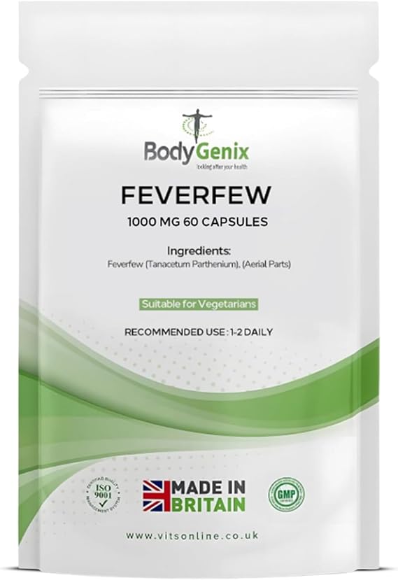 Bodygenix Feverfew 1000mg Capsules - Migraine Headaches Relief Joints Health Anti-Inflammatory Natural Supplement - 60 Capsules 2 Month Supply
