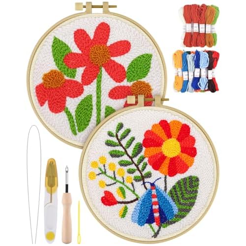 ERKOON Punch Needle Kit Adults Beginners, 2 Pcs DIY Easy Flower Embroidery Set for Starter Art Craft, Needling Punching Project with Patterns, Tools, Yarns, Hoop, Instruction Safflower