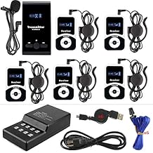 EXMAX Wireless Tour Guide Voice Audio Transmission System ATG-100T 195MHz Whisper Interpretation Equipment for Church Courtroom Simultaneous Translation (1 Transmitter 5 Receivers USB Charging Base)