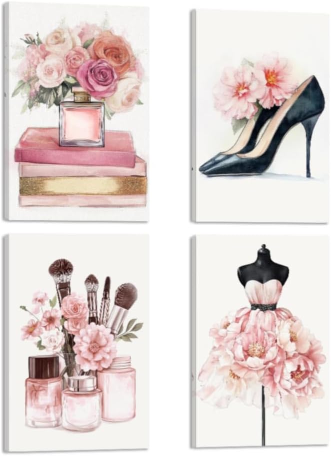 CGXLB Pink Wall Art Framed Pink Restroom Canvas Wall Art Glam Perfume Painting Fashion Print Flower Wall Decor Floral Framed Rose Artwork for Women Beauty Girl Room Decor 30x40cmx4