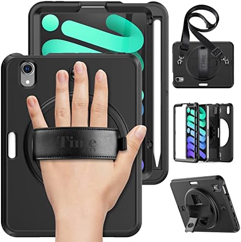 Timecity Case for iPad mini 7 A17 Pro 2024 Mini 6 8.3 - Heavy Duty Protective Cover with Screen Protector, Rotating Stand, Shoulder Strap & Pencil Holder, Case for iPad mini 7th6th Gen Black