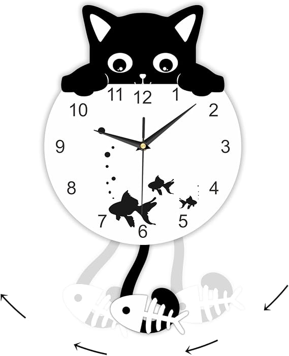 Black Cat Pendulum Wall Clock with Swing Tail, 12 Inch Funny Fishbowl Cat Clock with Moving Tail Easy to Assemble, Fancy Kitty and Fish Creative DIY Acrylic Wall Clock Gift for Cats Lovers