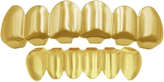 24K Plated Gold Grillz for Men and Women - Mouth Top & Bottom Hip Hop Teeth Grills Set with 2 Extra Molding Bars, Gold Grills for Teeth Rapper Costume Cosplay