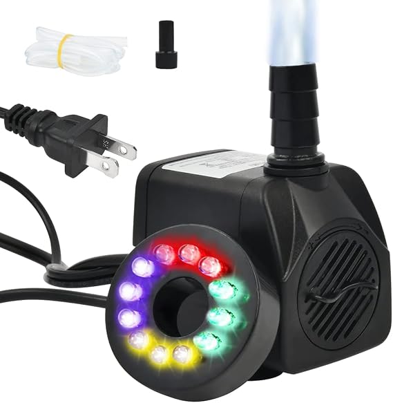 BUYGOO 10Watt 160 GPH Submersible Fountain Pump wiht LED Light Ultra Quiet Small Fountain Water Pump Outdoor for Water Feature, Outdoor Pond, Aquarium fish tanks, Home Decor Fountain