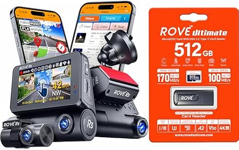 ROVE R3 3 Channel Dash Cam with 512GB Card, Front Rear and Cabin