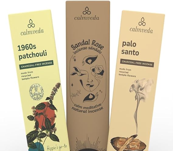 CALMVEDA, 1960S Patchouli with Palo Santo Incense and Natural Sandalrose Incense (80 Sticks + 1 Spray) | Beautiful Natural Incense and Spray for Meditation Environment and Spiritual Practice