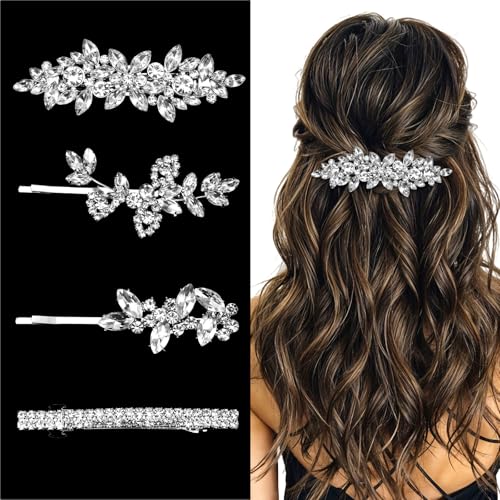 Rhinestone Hair Clips, 4 Pcs Crystal Hair Barrettes Leaf Bridal Wedding Hair Pins Silver Rhinestone Flower Hairpins French Style Hair Jewelry Accessories for Women Brides Bridesmaids