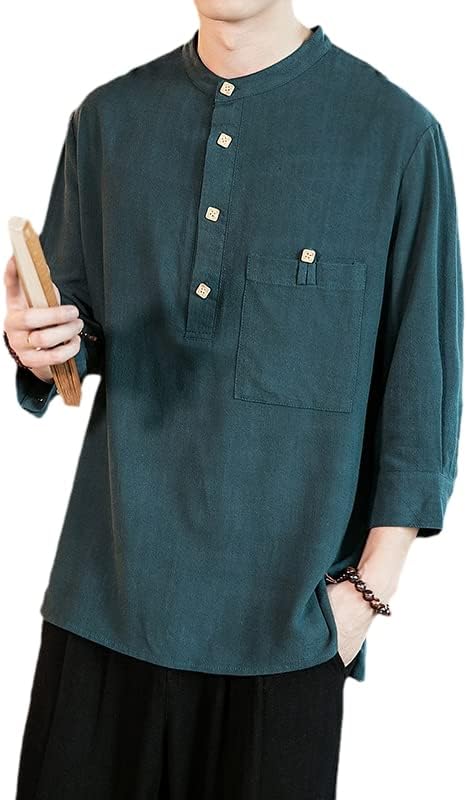 Mens Linen Pocket Shirt Solid Color Loose Tops Chinese Retro Traditional Asian Kung Fu Shirt Street T-Shirt