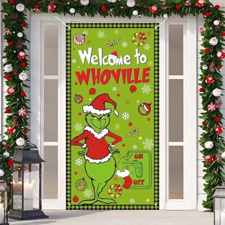 Welcome To Whoville Door Cover Christmas Front Porch Door Sign Banner Whoville Christmas Xmas Winter Holiday Decorations Outdoor Outside for Home