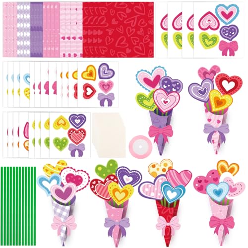 FOKICOS 24 Sets Heart Bouquet Craft Kit Valentines Day Make Your Own Heart Flower Bouquet Craft for Kids Mothers Day Teacher Appreciation Home Spring Holiday Party Fun Activities