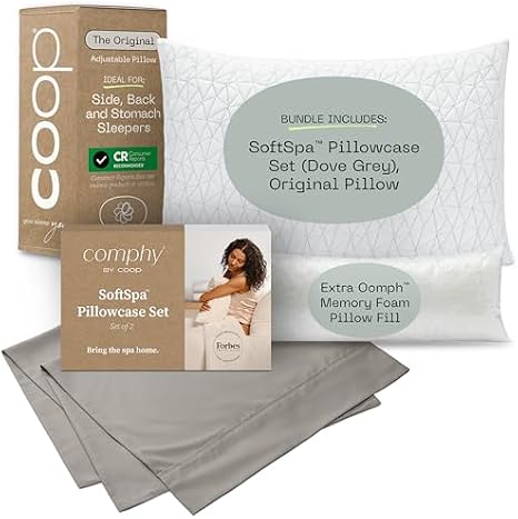 Comphy by Coop SoftSpa Pillowcase Set & Original Pillow Queen Bundle, Set Includes (1) Set of 2 SoftSpa Pillowcases, Dove Grey and (1) Original Pillow