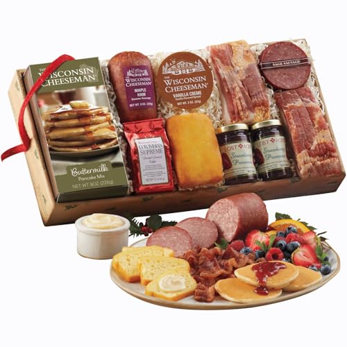 The Wisconsin Cheeseman Breakfast Gift Basket for Adults Holiday Gift Set with Buttermilk Pancake Mix, Summer Sausage Meats, Bacon, Coffee, and Fruit Spreads