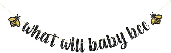 What Will Baby Bee Banner - Bumble Bee Theme Baby Shower Party Garland Supplies - Boy or Girl Bee Party Decorations - Black Glitter