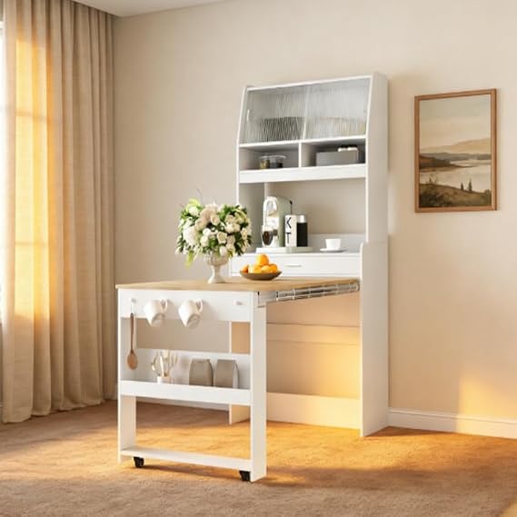 Space Saving Folding Dining Table with Hutch and Foldable Dining Table,Multifunctional Cupboard with Storage Shelf and Side Hooks for Small Places,Studio, Apartment,Natural