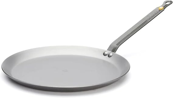 de Buyer MINERAL B Carbon Steel Crepe & Tortilla Pan - 9.5 Diameter, 8.25 Cooking Surface - Ideal for Making & Reheating Crepes, Tortillas & Pancakes - Naturally Non-Stick Finish - Made in France