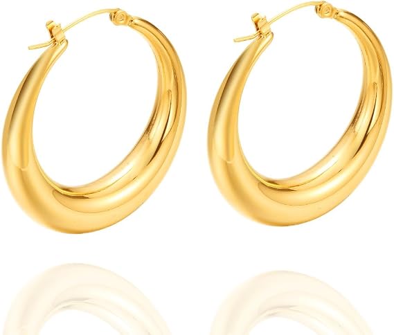 Funte® Chunky Gold Hoop Earrings For Women 18k Gold Plated Earrings Hypoallergenic Sterling Silver hoop earrings Lightweight Gold Hoop Earrings with Sterling Silver Post For Women Girls(Gold/Sliver)
