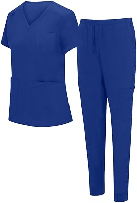 Scrubs for Women Set - Stretch Scrub Top & Pants with 8 Pockets, Yoga Waistband, Anti Wrinkle, Slim Fit