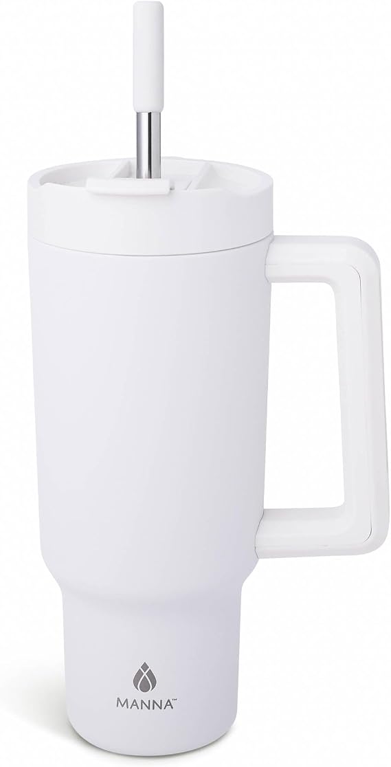 Manna Stainless Steel Double Wall Insulated Tumbler with Smart Seal Dual Sip Lid and Straw Fit Handle - 40 Oz - Linen Powder Coat