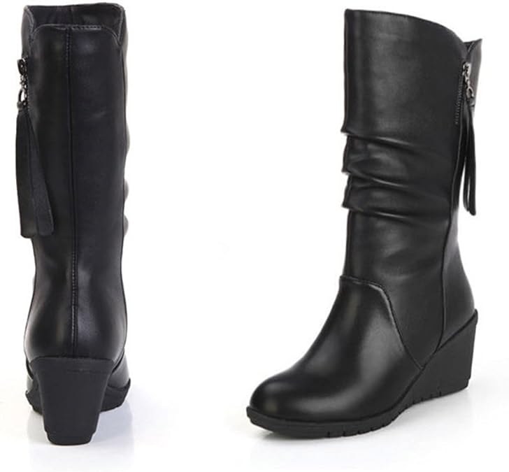 Wedge Snow Boots for Women Ladies Winter Warm Fur Lined Boots Leather Mid Calf Boots with Side Zipper Women's Riding Boots Tall Outdoor Walking Fuzzy Thermal Boots Comfortable Wide Width Shoes