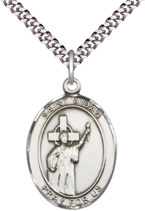Saint Aidan of Lindisfarne Medal Necklace Men's Sterling Silver Pendant with 24-Inch Light Chain and Gift Box, Catholic Religious Necklace - Made in USA