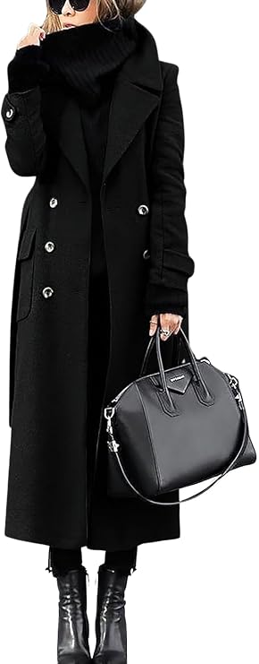 Womens Long Pea Coat Double Breasted Lapel Wool Blend Coat Casual Winter Overcoat
