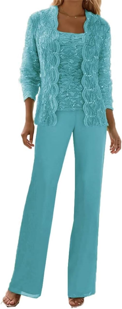 ManDu Mother of The Bride Dress Pant Suits for Wedding Lace Sequins Formal Outfits with Jacket 3 Pieces Groom Mother Evening Gown Aqua, 8