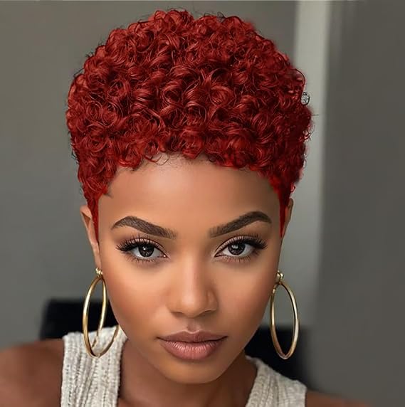 Short Afro Kinky Curly Wig, Natural Black, Pixie Cut Style (Red)