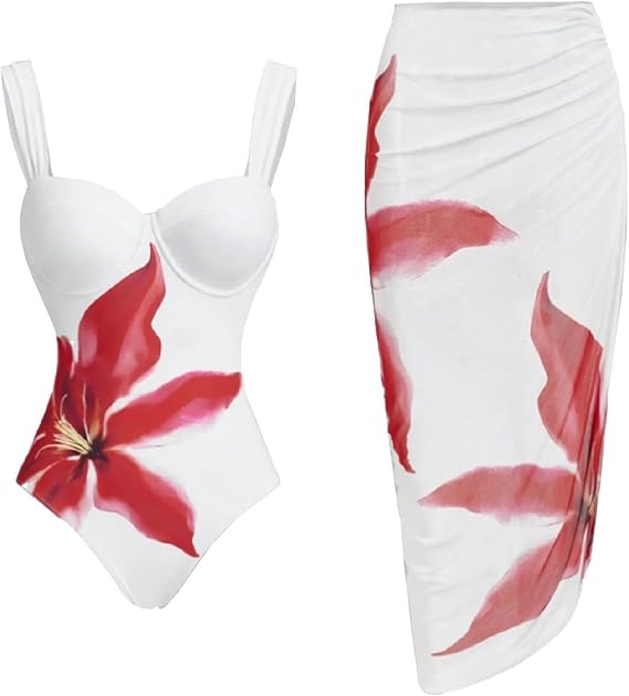 Women's One-Piece Swim Suits 2025 Wrap Skirt Swimsuit with Cover Up Sexy Fashion Flower Print Beach Skirts Swimwear