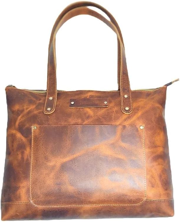 Handmade Unlined Full Grain Classic Leather Tote Bag for Women Large Handbag Designer Ladies Travel Bag (Brown Crunch Tote Bag)