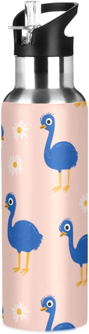 Leakproof BPA Free Water Bottles Funny Zanies Emu Blue Pink with Straw Hot & Cold Double Walled for Travel, Camping, Bike 32 oz