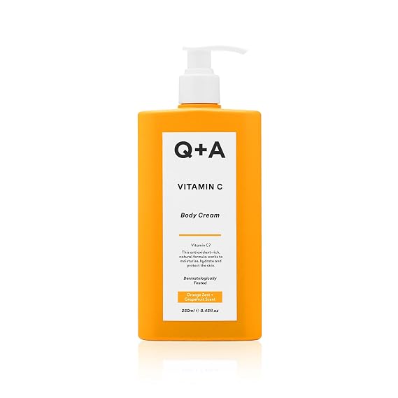 Q+A Vitamin C Body Cream (250ml), Hydrating and Brightening Body Moisturizer for Dry Skin with Shea Butter and Ginger Root Extract, Evens Skin Tone and Boosts Radiance, Natural Skincare