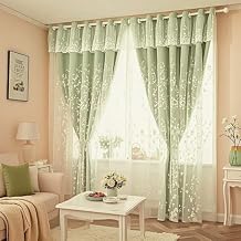 Amidoudou 1 Pair Double Layer Flower Curtains for Girls Room Living Room Pastoral Flowers and Leaf Embroidered Curtains for Bedroom (Green,54x102 Inch)