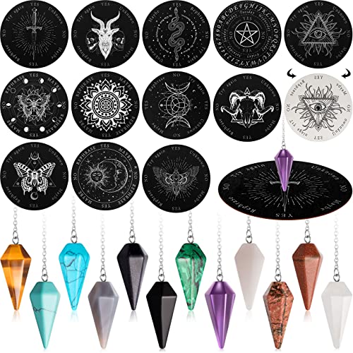 Meooeck 24 Pcs Crystal Pendulums Board Bulk Set 12 Wood Pendulum Board 6 Inches and 12 Dowsing Gemstone Pendants Divination Communication Tools for Beginners Witchcraft Altar Supplies, White and Black