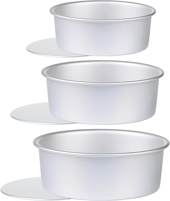 Round Cake Pan with Removable Bottom, Set of 3 (6 x 3 inch/8 x 3 inch/10 x 3 inch), Aluminum Baking Pans for Layer Cakes, Evenly Heating Tools for Home Kitchen, Tapered Side