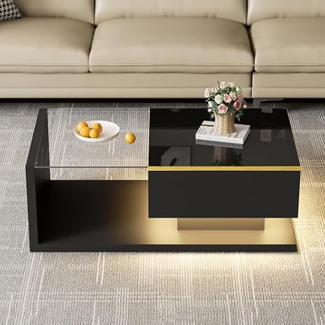 Merax High-Gloss Black Coffee Table with Glass Top & LED Lighting, Modern Living Room Coffee Table with Storage – Bluetooth-Controlled LED Light Effect for Stylish Tea Table