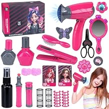 Beauty Hair Salon Playset, 22 Piece Hair Stylist Toy Kit with with Makeup Accessories & Hair Dryer, Pretend Play Set, Christmas & Birthday Gift for Girls