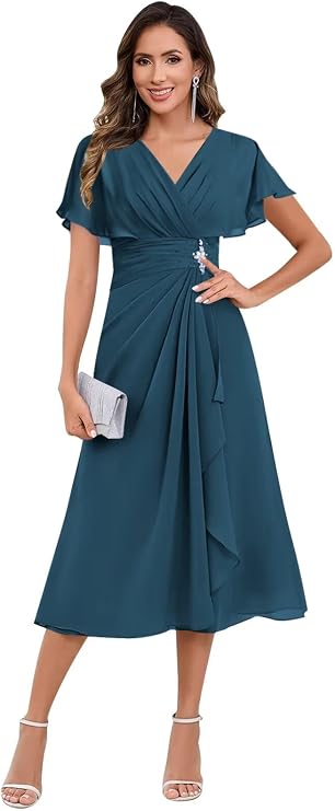 Women's V Neck Mother of The Bride Dresses for Wedding Ruffle Chiffon Tea Length Formal Evening Party Gowns