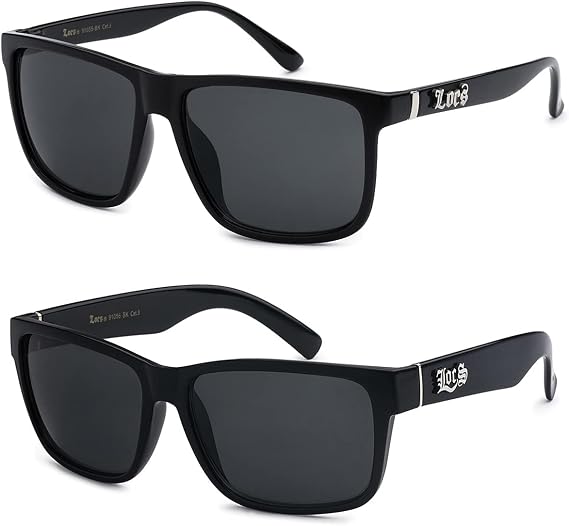 LOCS Hardcore Shades 2 Pack CLASSIC LOCS Black Sunglasses | Mens Gangster Rectangular Cholo Lowrider Shades, 91055 + 91070