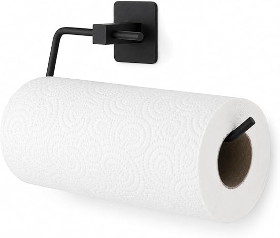 Siyah Kare Kağıt Havluluk, Yapışkanlı ve Vidalı Montajlı Duvara Monte Rulo Havlu Askısı, Mat Siyah Mutfak ve Banyo Aksesuarı