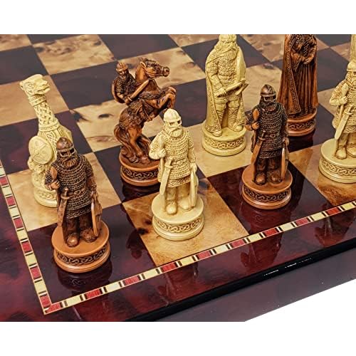 Antique Ivory & Brown Norse Viking Chess Set with 18 inch Cherry Color Board
