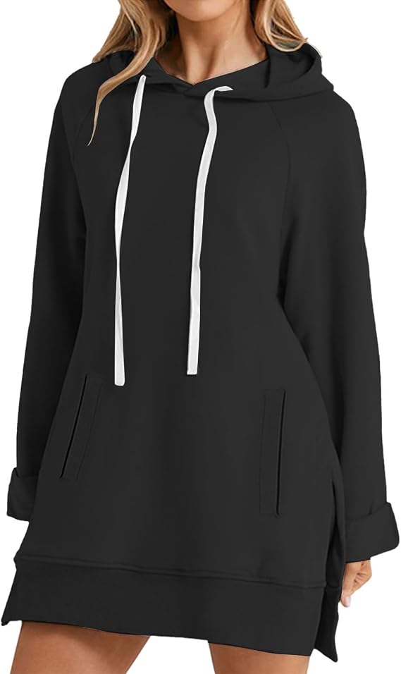 Fall Long Hoodies for Women,Long Sleeve Plus Size Plain Casual Pullover Hooded Sweatshirts with Drawstring & Pocket