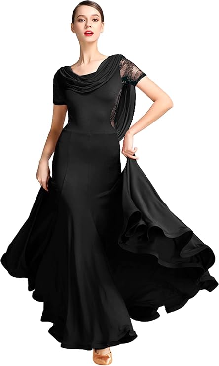 ZX Women's Ballroom Dance Dress Lace Sleeve Long Swing Skirt Professional Competition Modern Waltz Cha Cha Dress